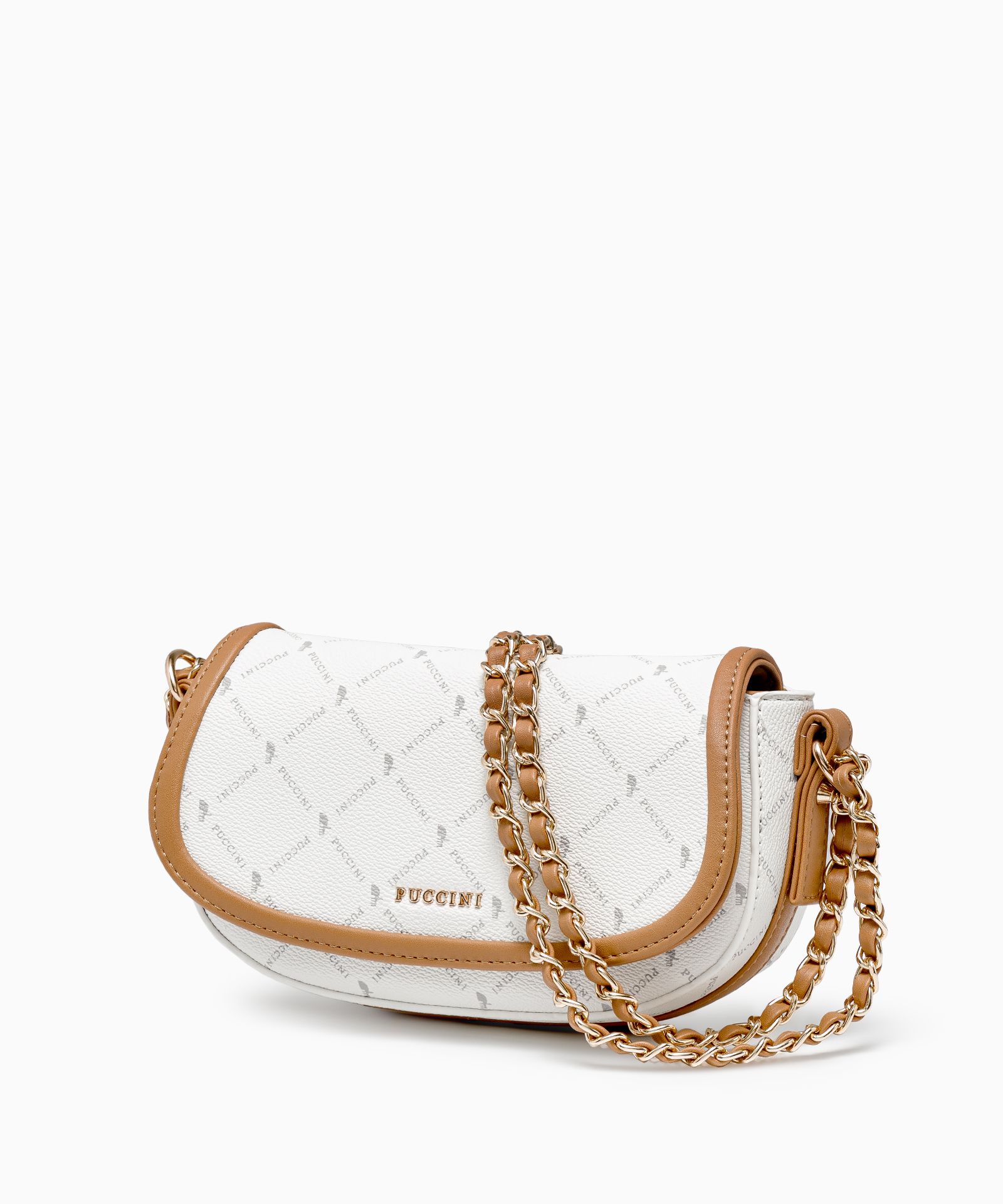 Dámska poštová taška s reťazou biela s monogramom