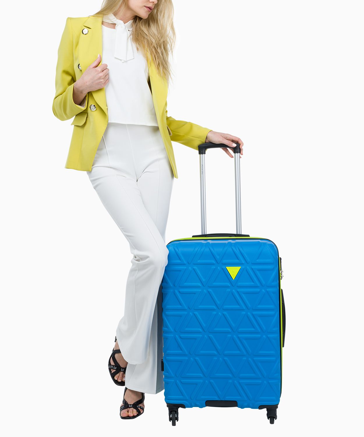 Stredne veľký modrý kufor s kontrastným povrchom