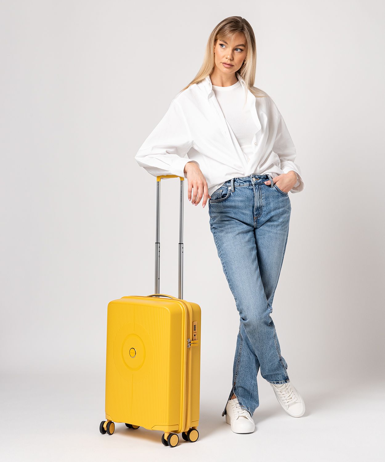 Kabínový žltý propylénový kufor s kombinačným zámkom TSA