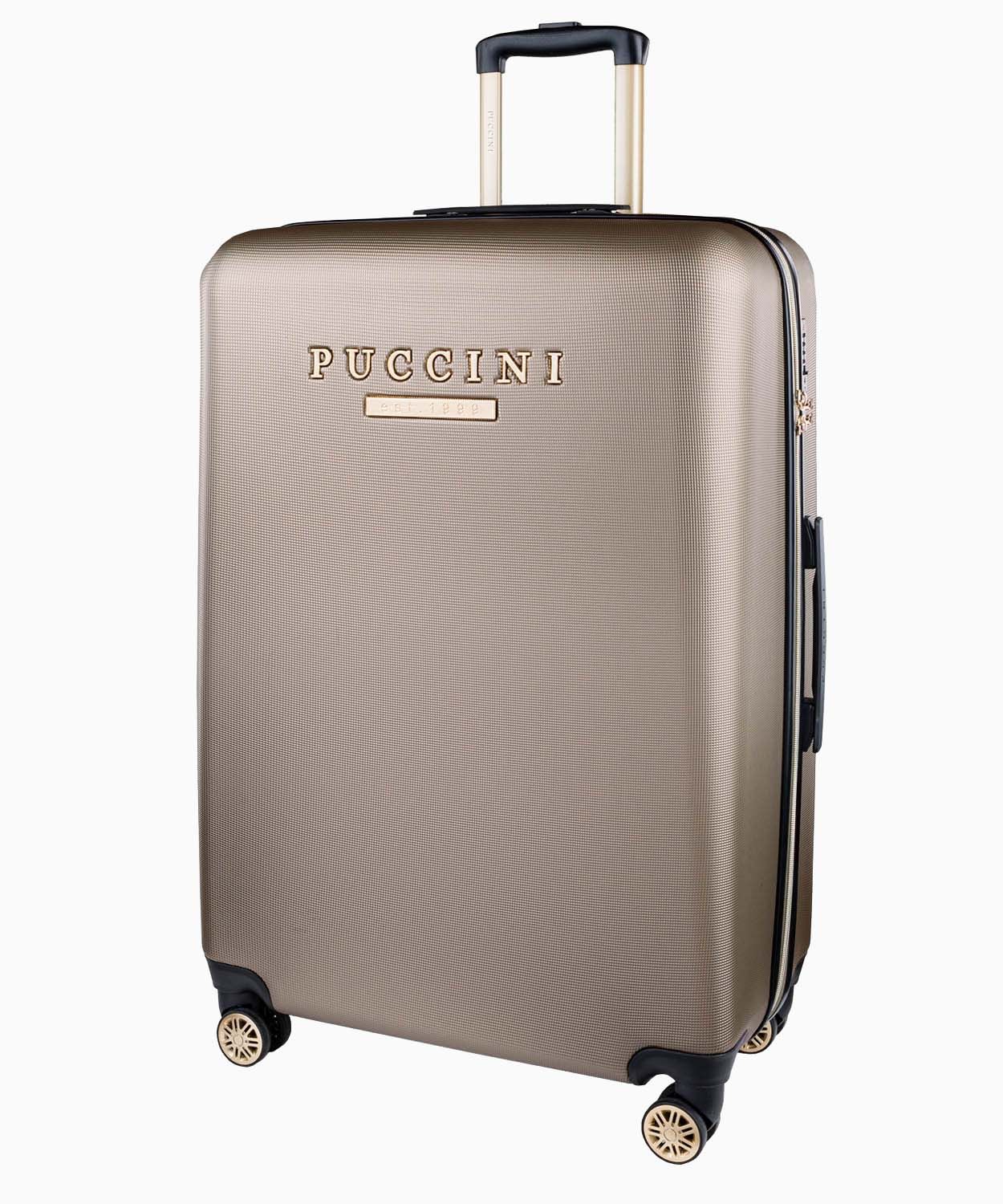 Veľký kufor v odtieni šampanského, s elegantným nápisom