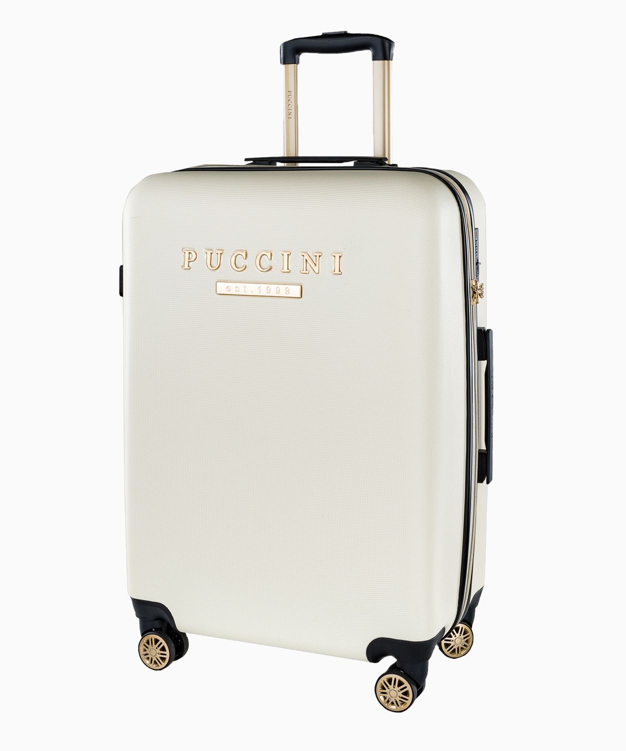 Stredný biely kufor s elegantným nápisom