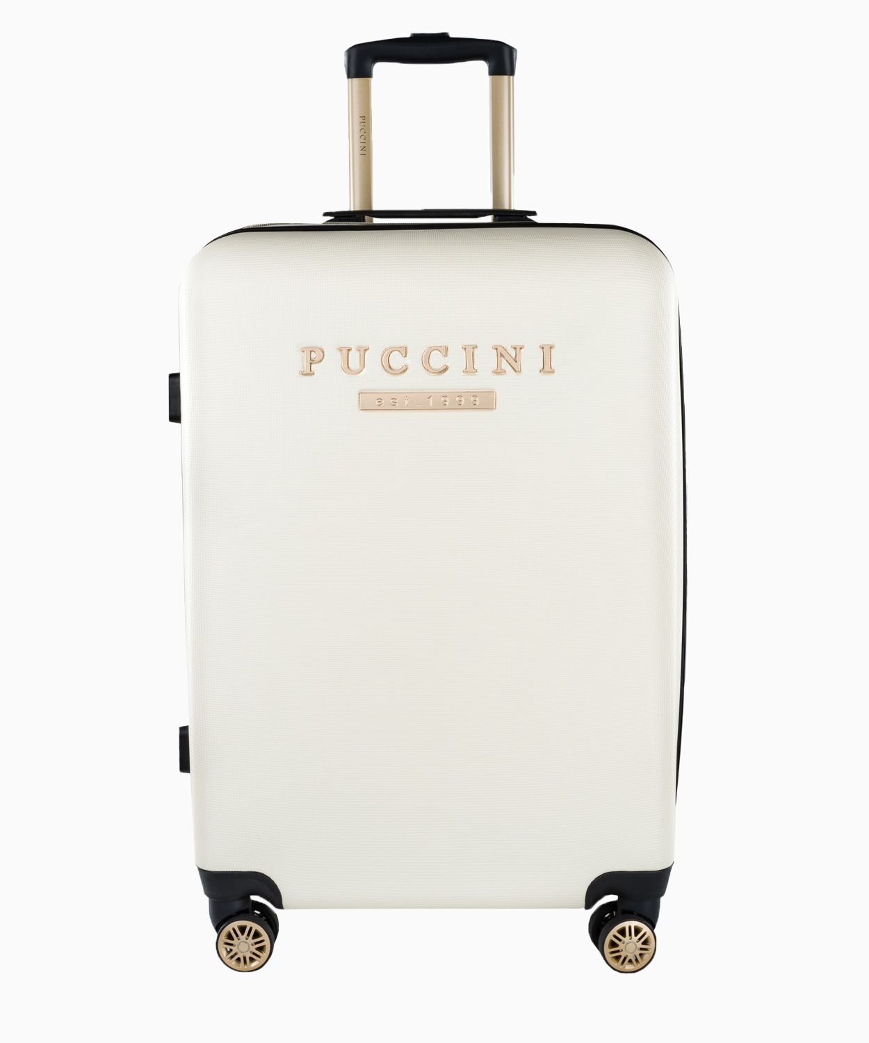 Stredný biely kufor s elegantným nápisom