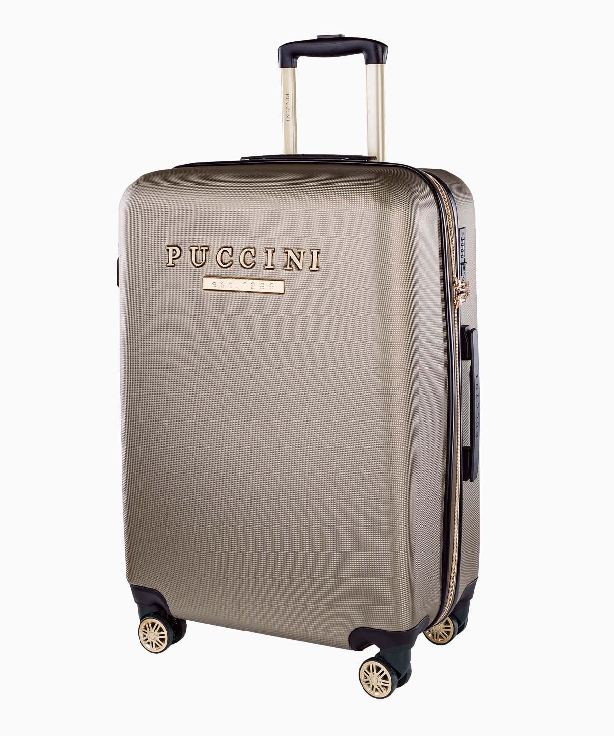 Stredný kufor v odtieni šampanského s elegantným nápisom