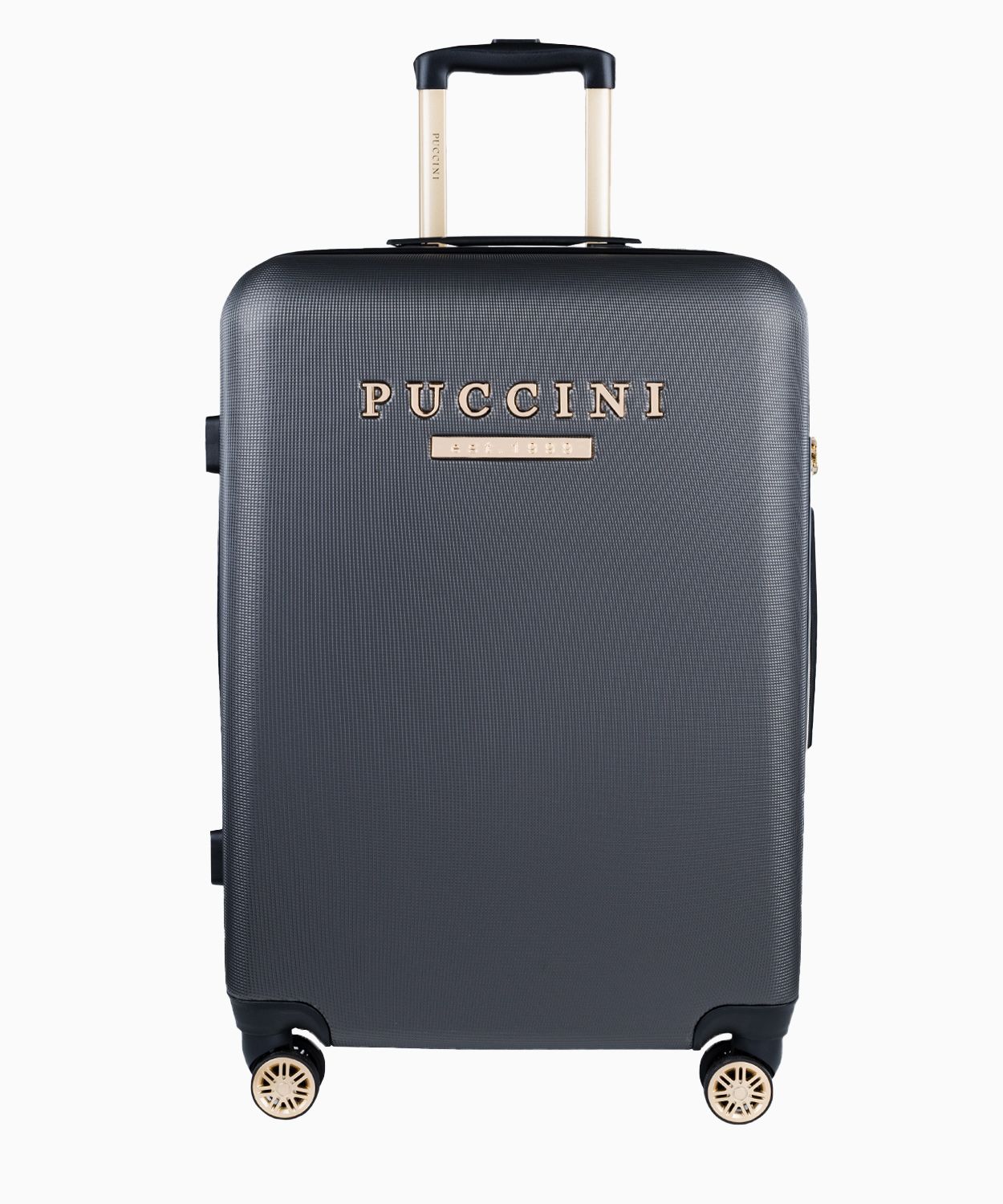 Stredný sivý kufor s elegantným nápisom